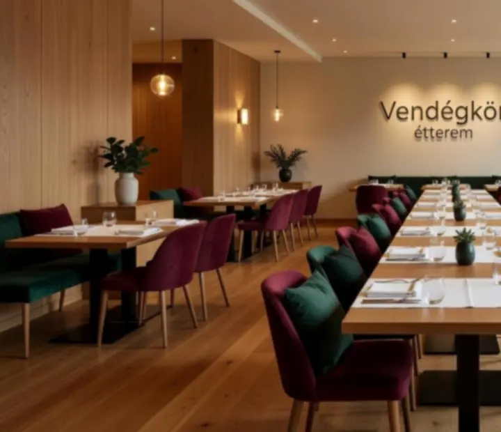 A Vendégkör étterem elegáns belső tere meleg világítással és modern dizájnnal.