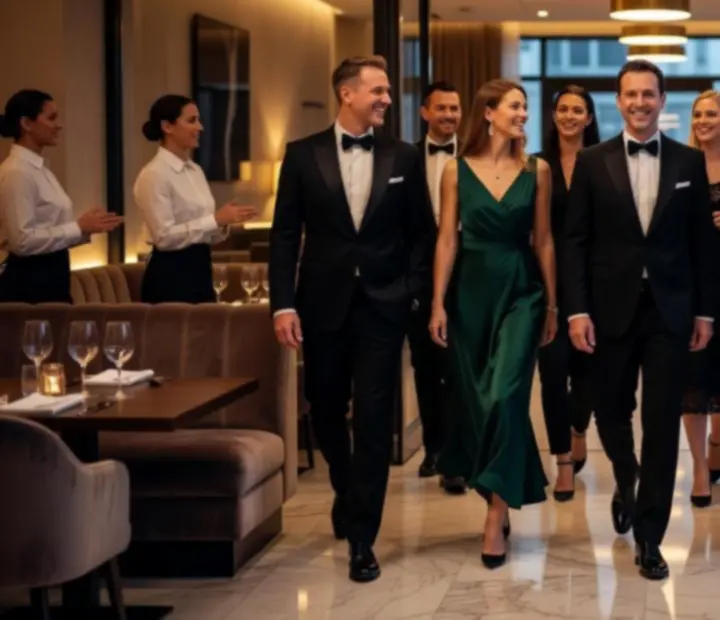 Elegánsan öltözött vendégek egy esti vacsorán